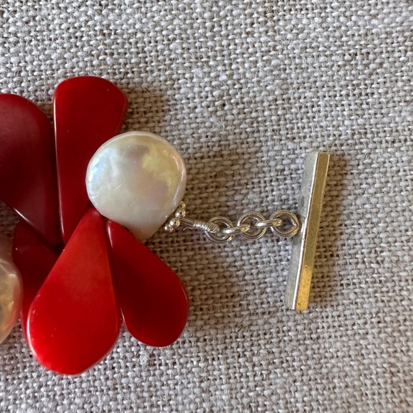Artisan signed Sterling Silver Red Coral & Pearl bracelet Oversized Toggle Clasp - Picture 7 of 13